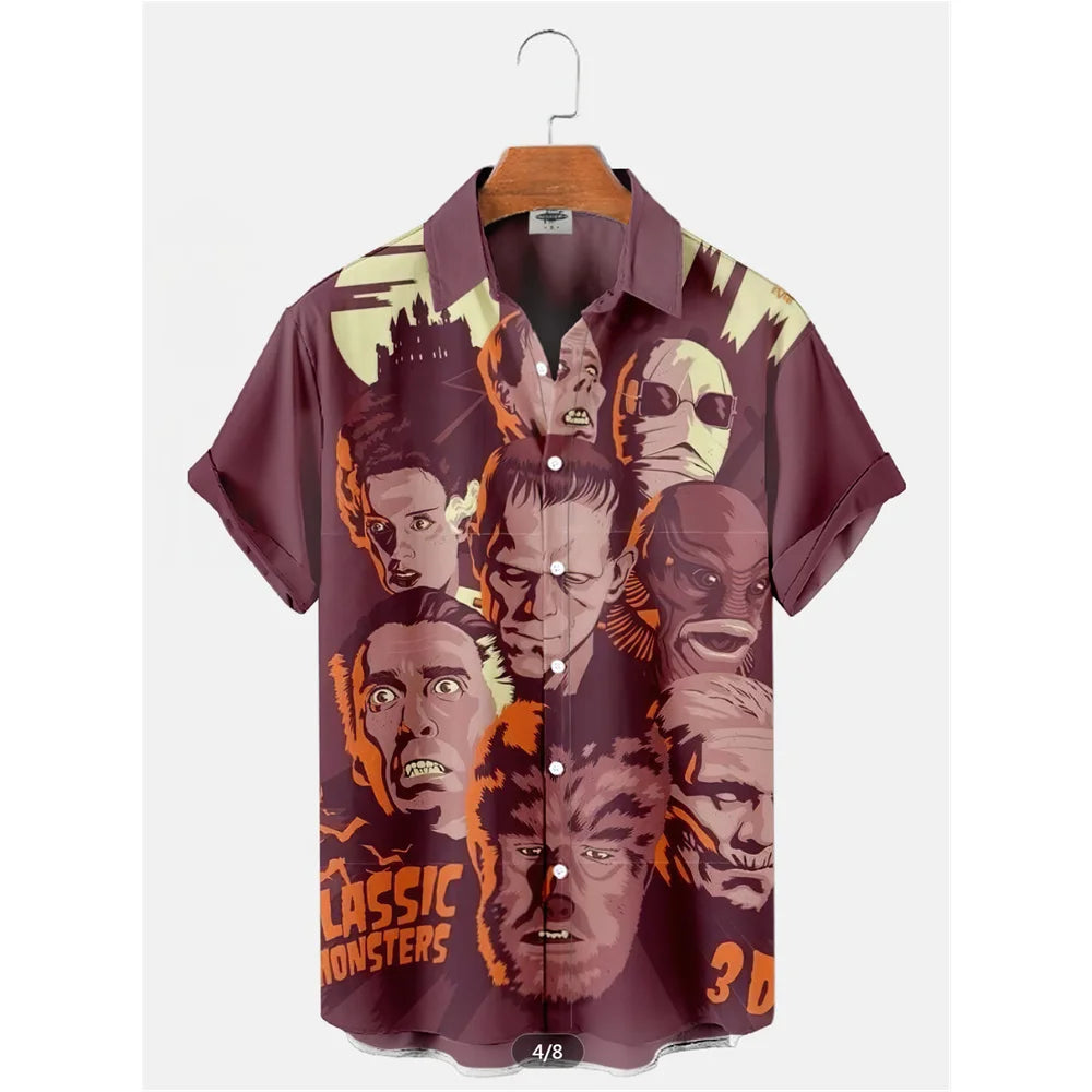 The Timeless Icon Edition Premium Men's Retro Character Graphic Shirt - High-Definition Vintage Animation Art Couples' Matching Halloween Style Hawaiian Beach Shirt, Breathable Quick-Dry Urban-Holiday Short-Sleeve Apparel