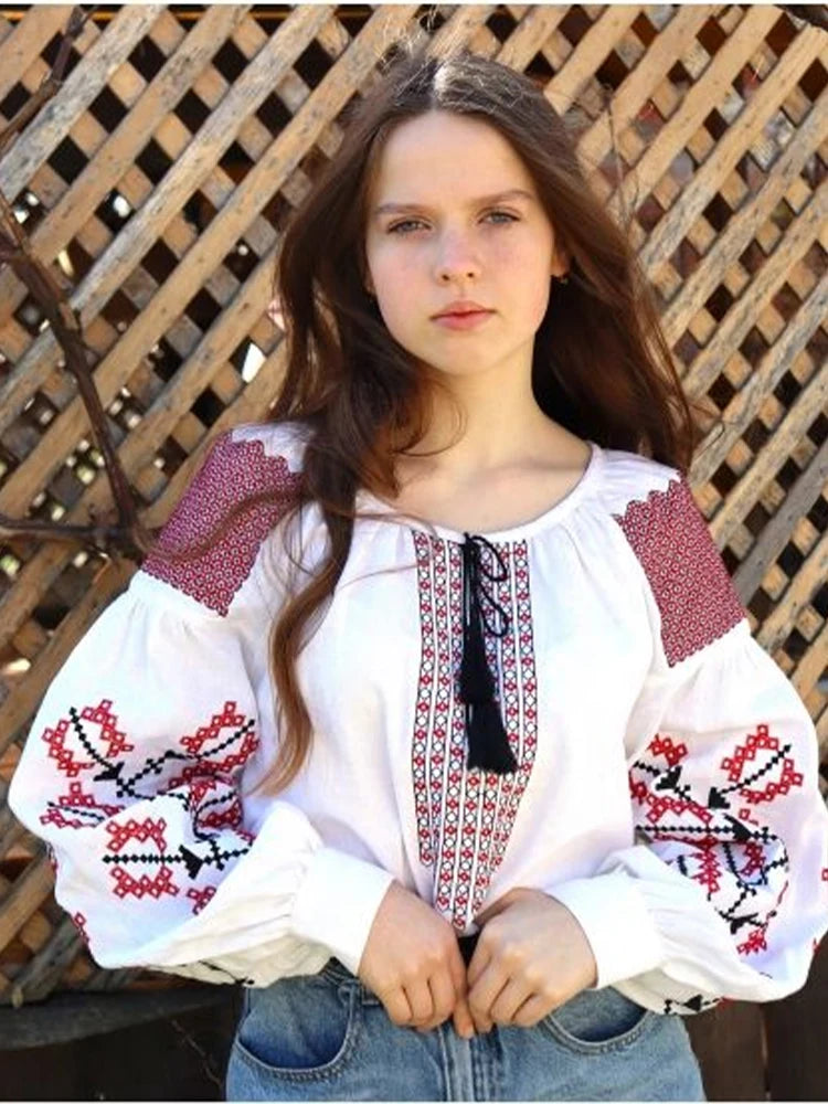 👗 Retro Print Blusas Mujer Indie Folk Woman 2025﻿ – Shirts & Blouses with O-neck, Tassel Lace-Up Detail, Loose Casual Fit, New Tops XXL