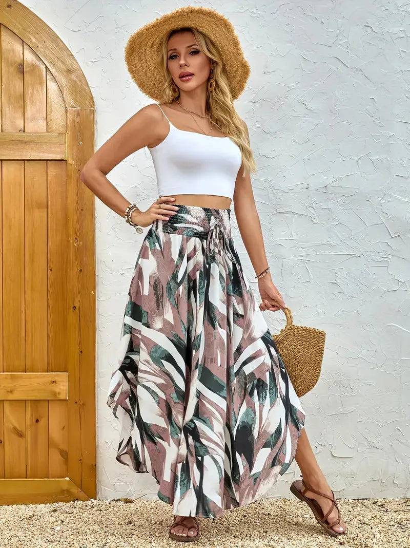 🌸 Bohemian Boho Vintage Floral Print Skirts – Women’s Summer High Waist A-Line Pleated Elastic Waist Long Skirts, Casual Holiday Beachwear Dark Grey