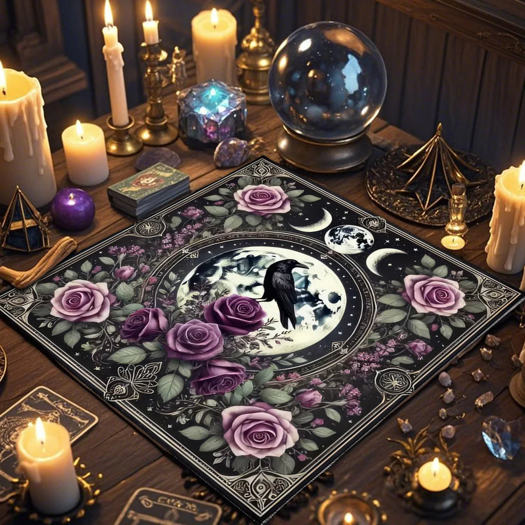 🃏Crow & Moon Phase Tarot Tablecloth – Star Divination Altar Cloth for Runes, Witchcraft Rituals & Mystical Party Game Decor