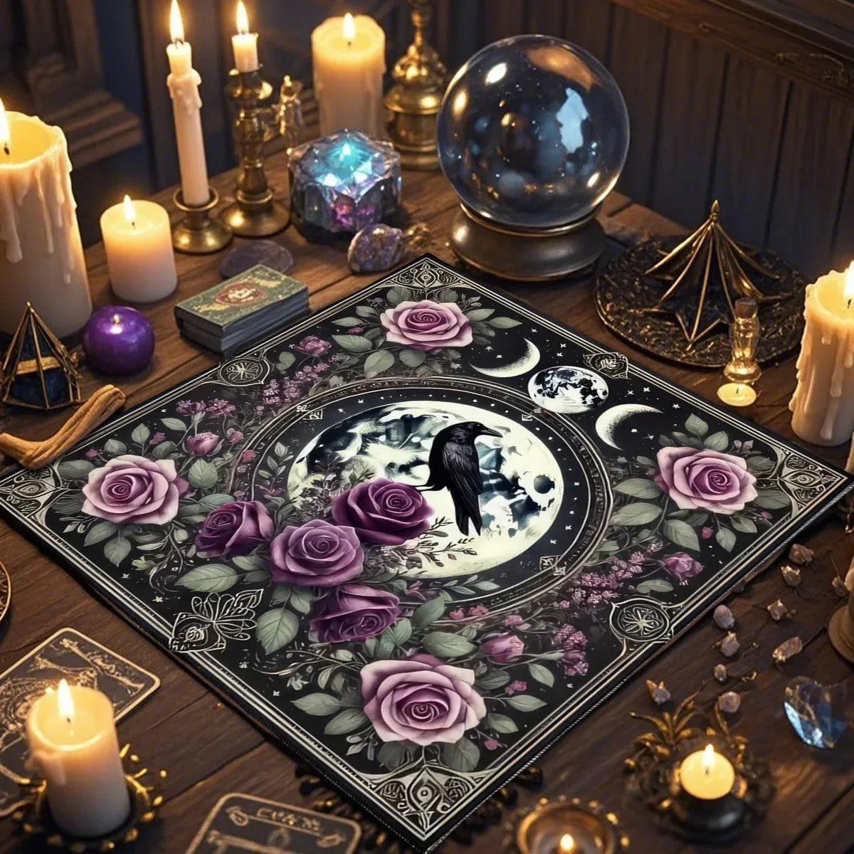 🃏Crow & Moon Phase Tarot Tablecloth – Star Divination Altar Cloth for Runes, Witchcraft Rituals & Mystical Party Game Decor