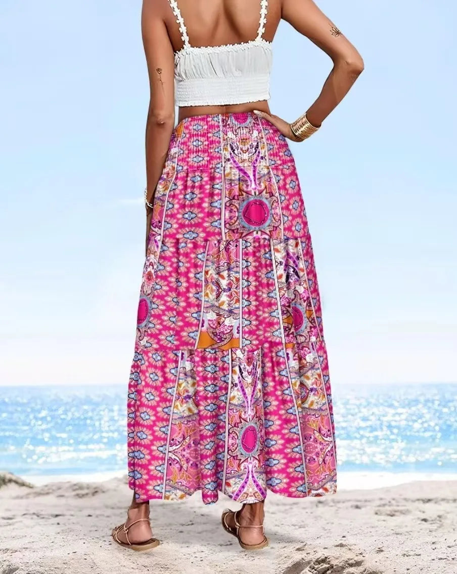 👗 Fashion Boho Printed Long Skirt – Casual Retro Vacation Style with Elastic Waist and A-line Big Hem for Women, Spring Summer New