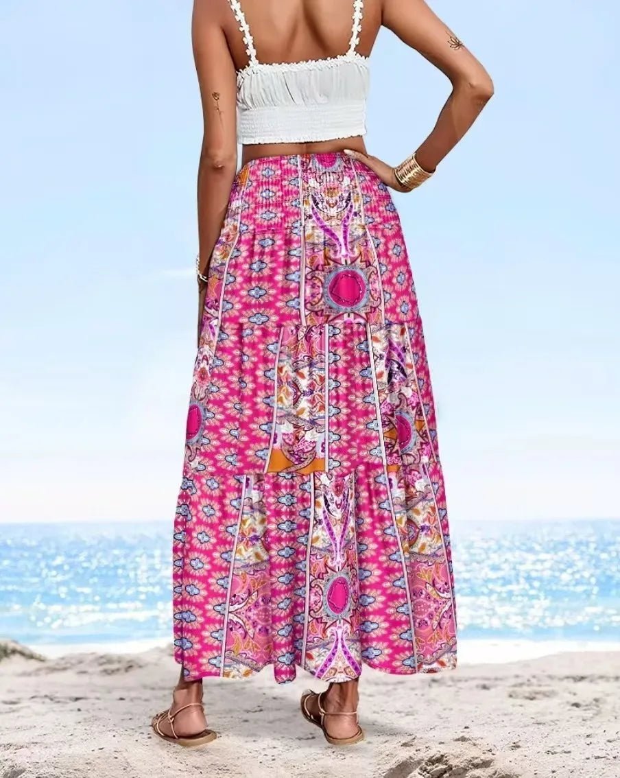 👗 Fashion Boho Printed Long Skirt – Casual Retro Vacation Style with Elastic Waist and A-line Big Hem for Women, Spring Summer New