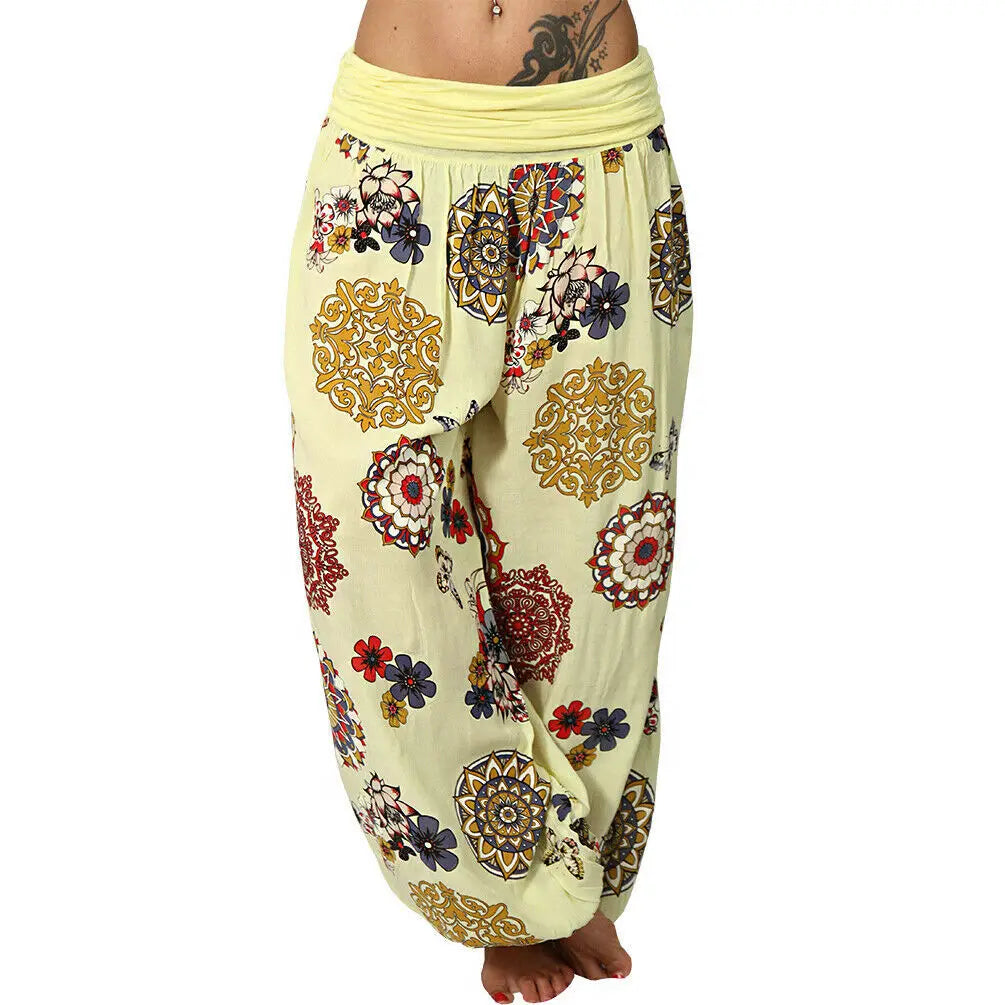 Summer Breeze Floral Harem Pants – Women's Wide Leg Boho Style with Elastic Waist Yellow