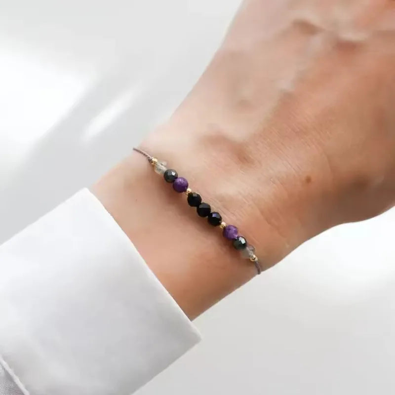 ✨ Protection Crystal Bracelet – Empath Shield with Rose Quartz, Amethyst & Black Tourmaline – Adjustable Cord Healing Jewelry