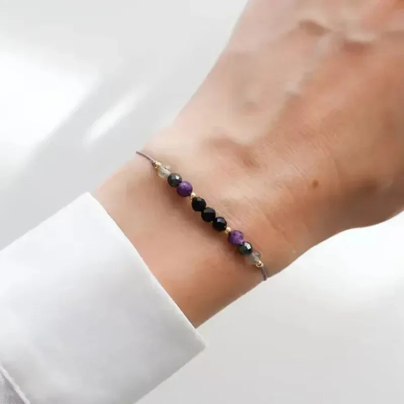 ✨ Protection Crystal Bracelet – Empath Shield with Rose Quartz, Amethyst & Black Tourmaline – Adjustable Cord Healing Jewelry