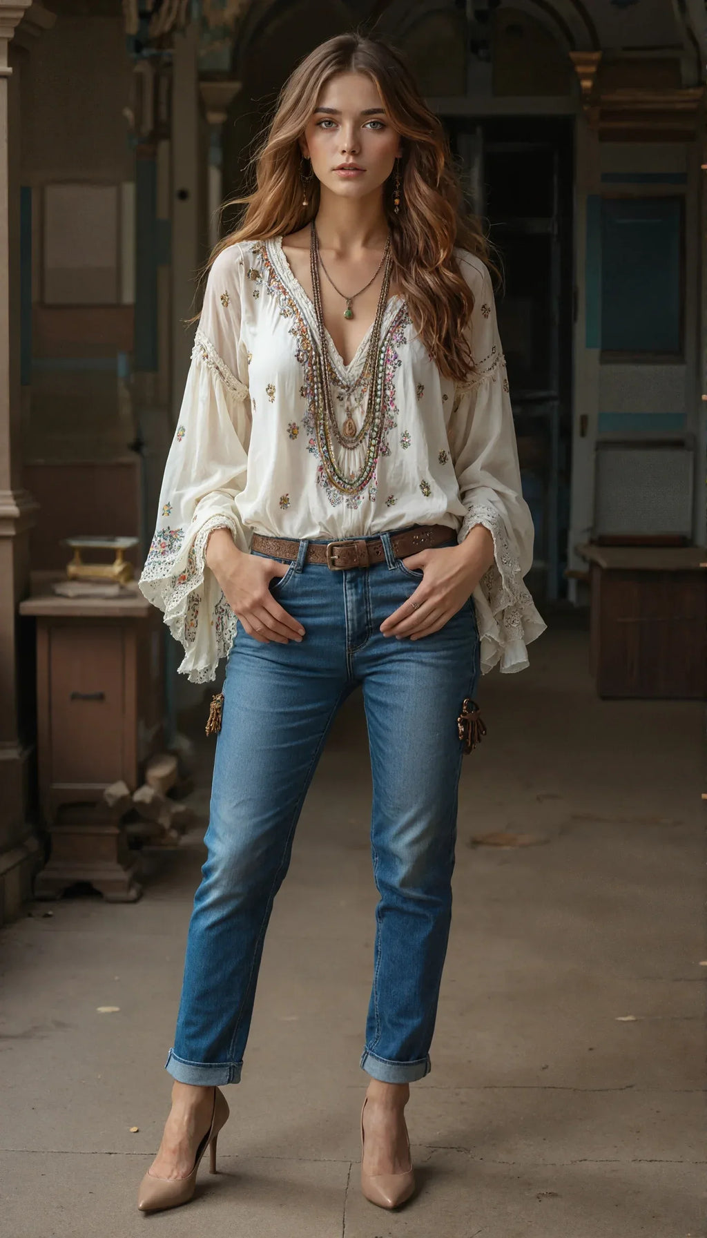 Women's Bohemian Blouse - V-Neck Long Sleeve Retro Print Vacation Top with Lace Splicing