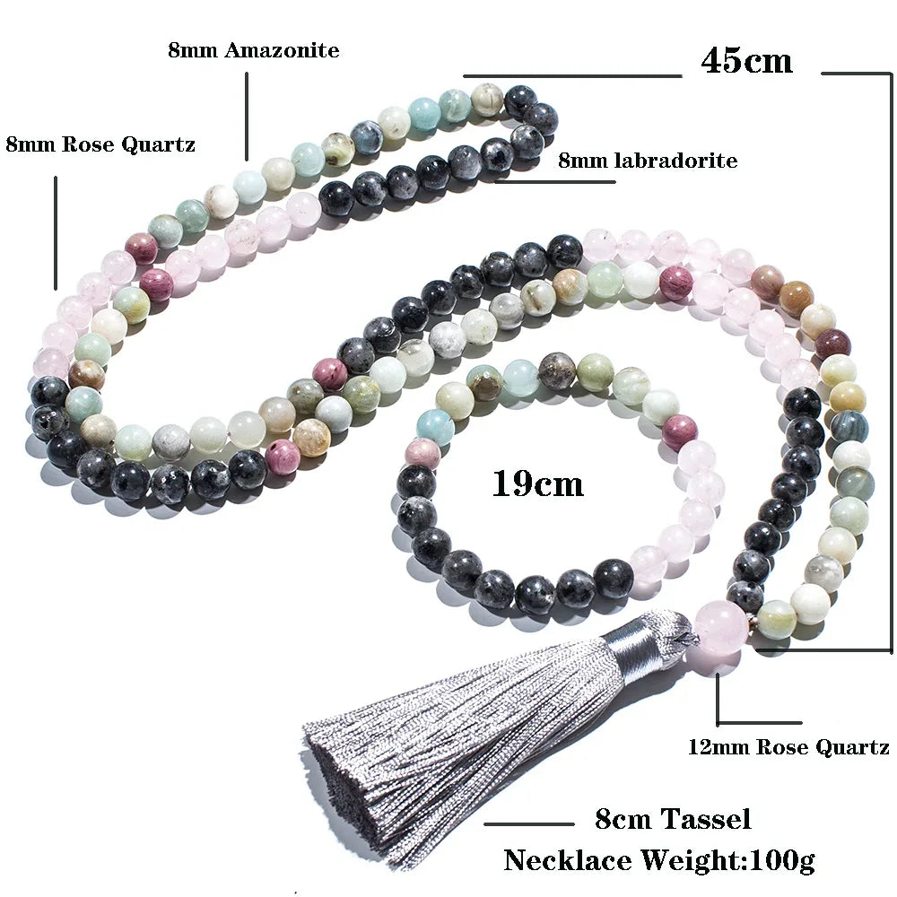 🔮 Premium Tri-Gemstone 108 Mala Beads: Amazonite, Rose Quartz & Labradorite – Heart Chakra Healing Necklace & Meditation Japamala Rosary Set
