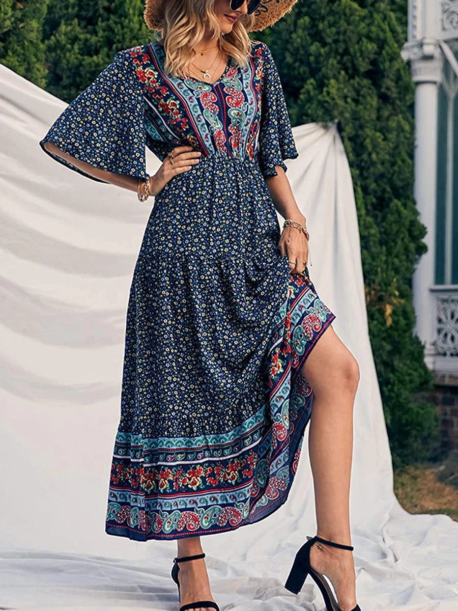 Boho Summer Dress for Women - Fashionable Short Sleeve V Neck Dress in Boho Print for Beach Outings DEEP BLUE