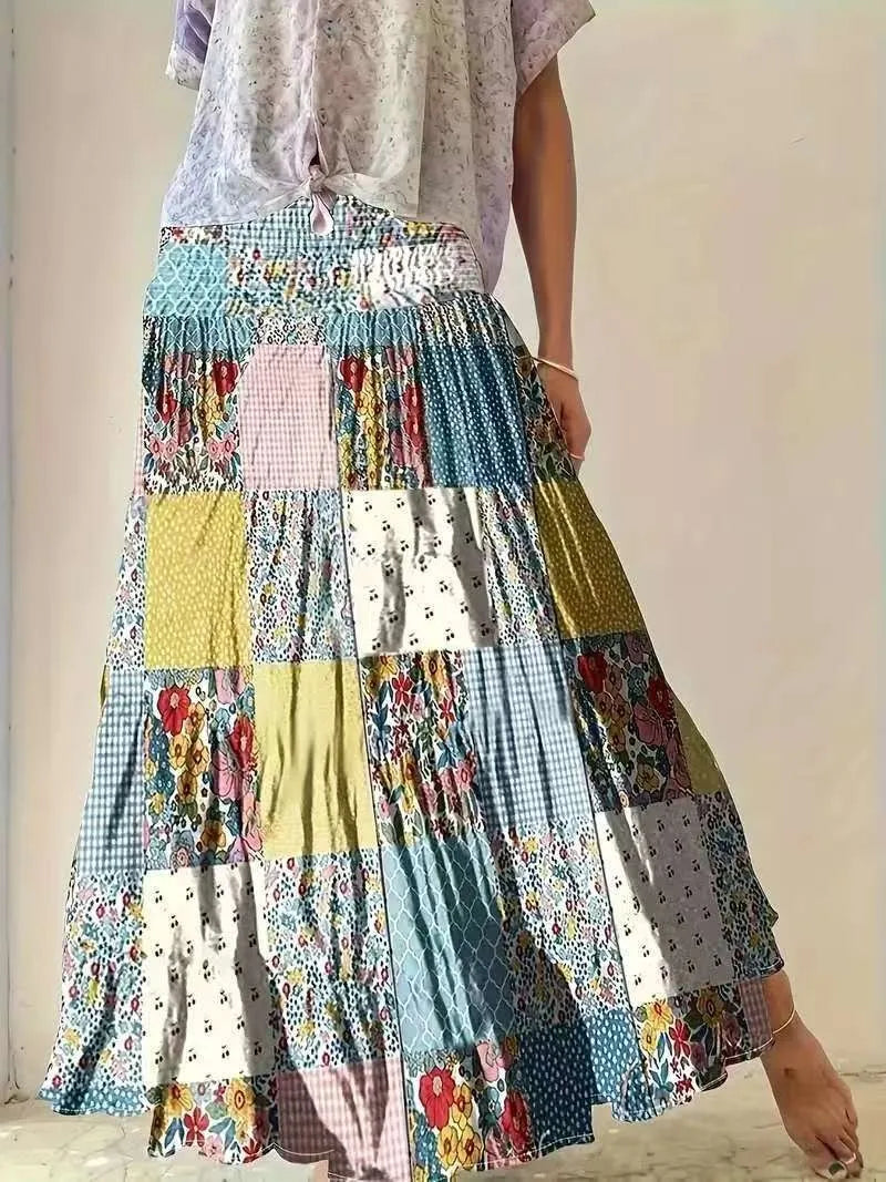 🌟 Floral Harmony High Waist Spliced Maxi Skirt – Elegant Boho Chic Fashion
