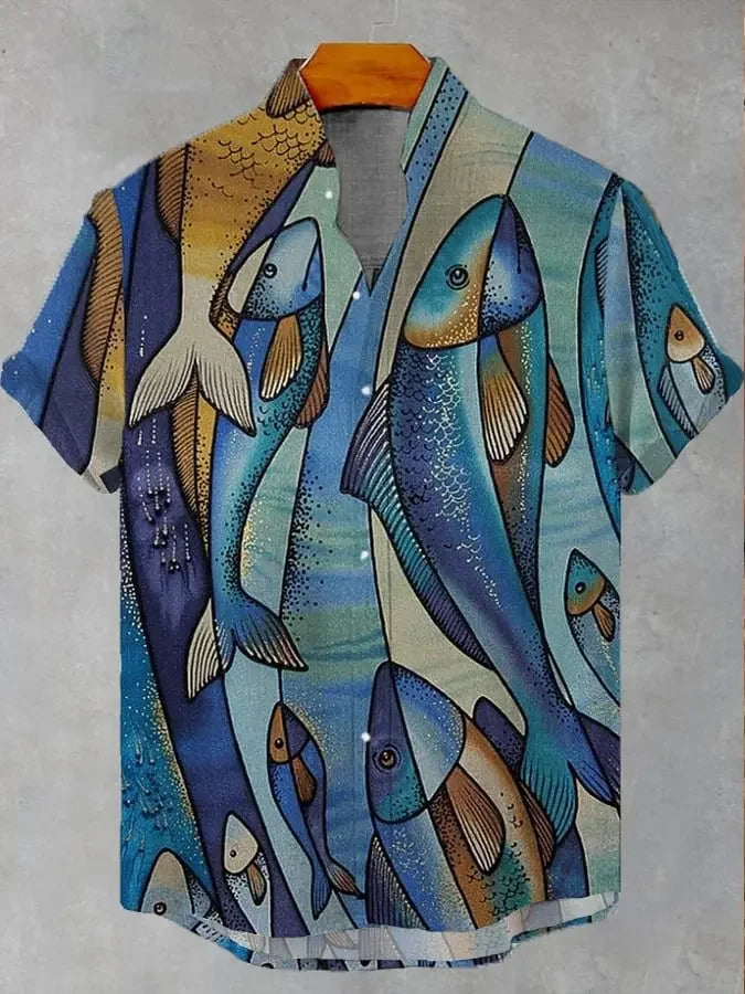 ✨ The Sovereign Zen-Fish Heritage: Premium Men's Cotton-Linen Blend Casual Shirt – Retro 3D Artistic Print, Breathable Short-Sleeve Button-Up (Ropa Casual Para Hombre) with Vintage Tailored Fit SFQQQD838