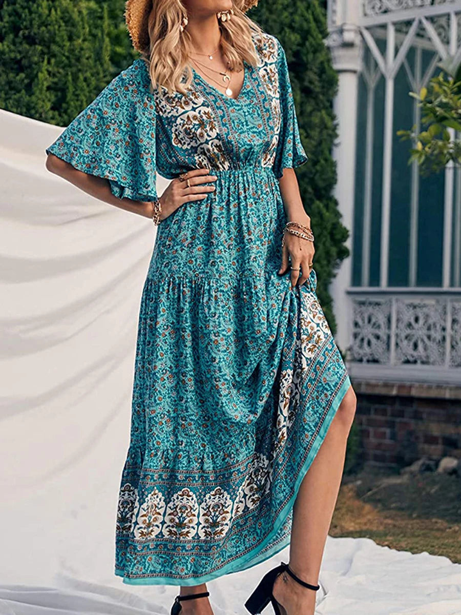 🌟 Fashion Summer Dress For Women Boho Print Design Short Sleeve V Neck Female Long Beach Dress﻿