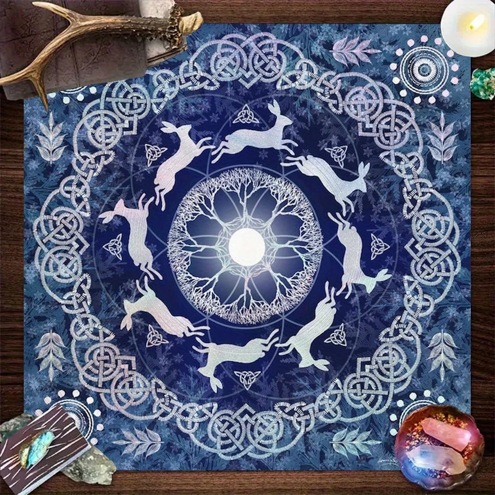 🃏 VIKAMA Celtic Secret Realm Tablecloth – Tree of Life, Moon Rabbit & Elf Altar Cloth for Meditation Rooms, Esoteric Altars & Mystic Home Decor