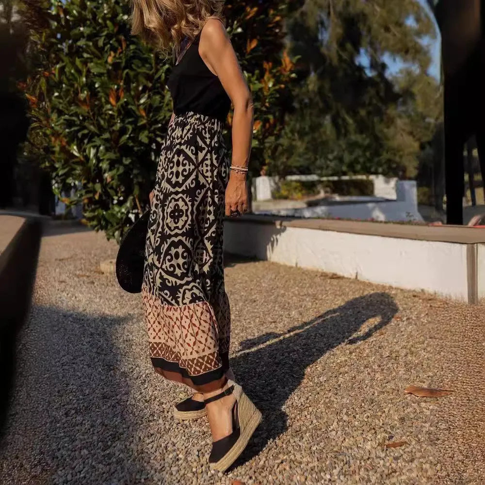 🌟 Women's Large Swing Skirt European And American Foreign Trade Printed Loose Splicing Half Skirt﻿