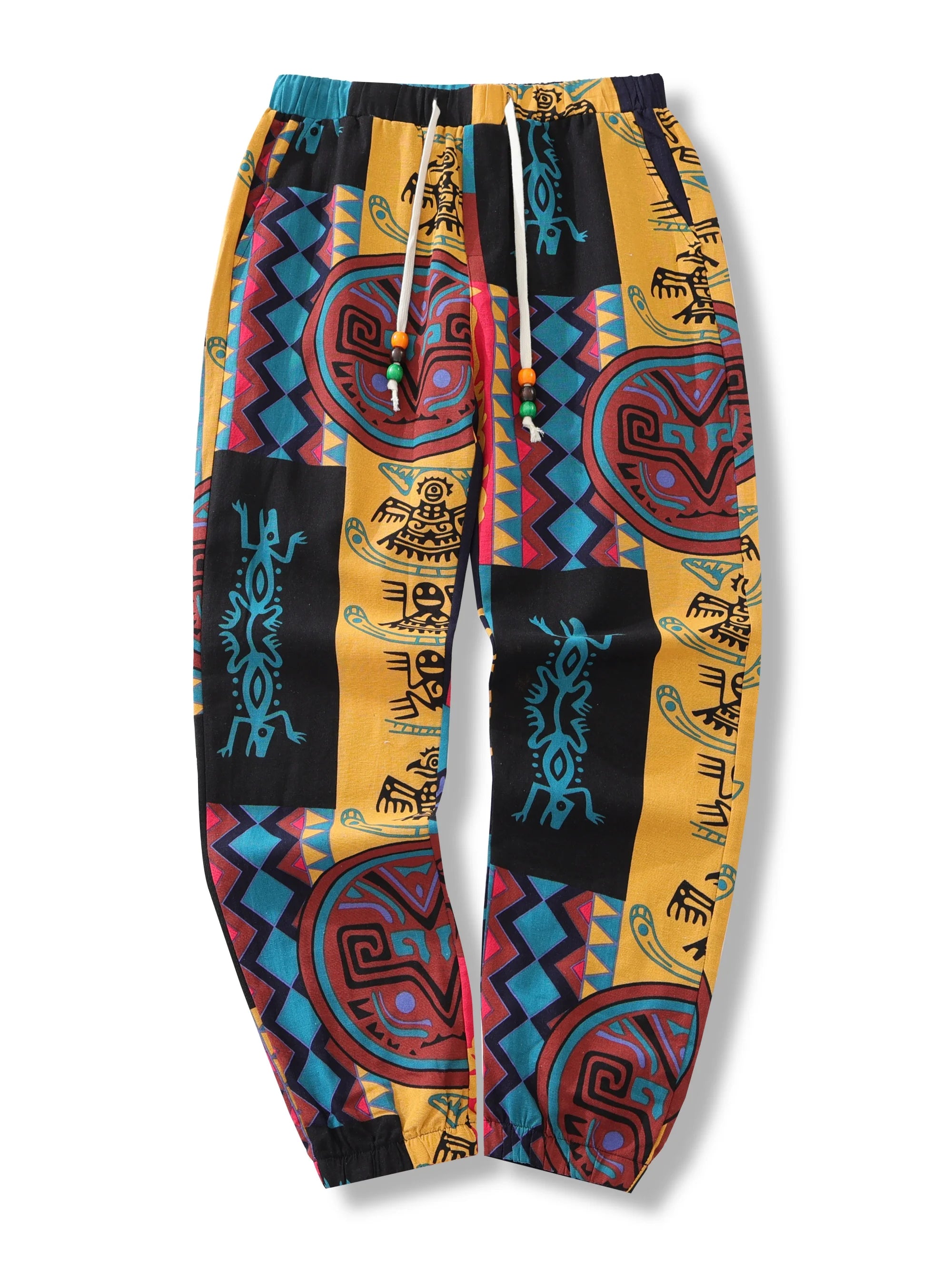 🌍 The Boho-Tribal Heritage Jogger: Premium Men’s Cotton-Linen Stretch Pants – High-Definition Tribal Graphic Print, Lightweight Breathable Fabric with Deep Pockets and Signature Drawstring Waist