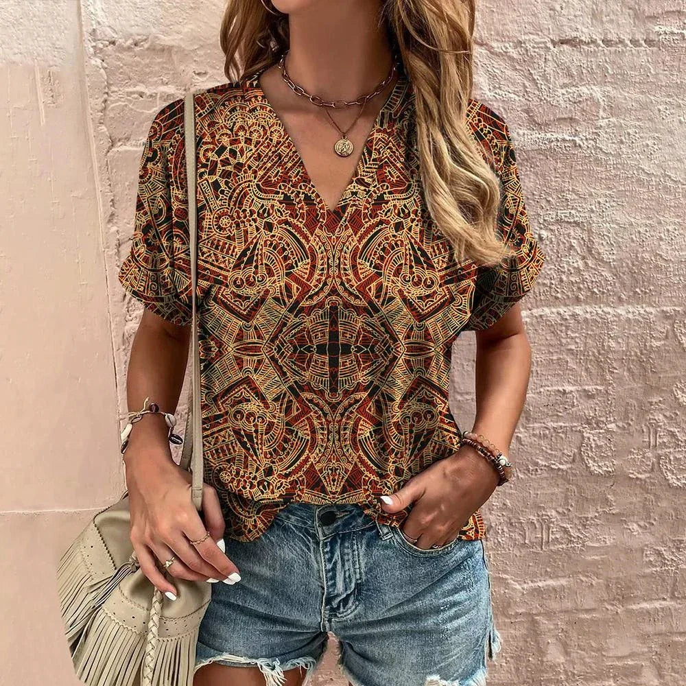 Retro Women’s Floral T-Shirt – Harajuku Style Short Sleeve V-Neck Casual Blouse S56VTX185