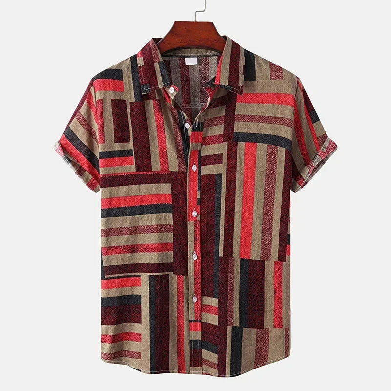 🎨 The Chromatic Patchwork Aloha Masterpiece: Premium Men's Vintage-Style Hawaiian Shirt – High-Definition Colorful Geometric Print, Breathable Short-Sleeve Button-Down, and Signature Loose-Fit Silhouette