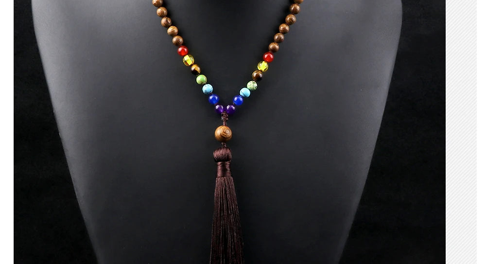 🌳 7 Chakra Wooden Japamala Necklace: Vintage Tree of Life 108 Bead Mala – Meditation, Yoga & Prayer Rosary with Healing Tassel