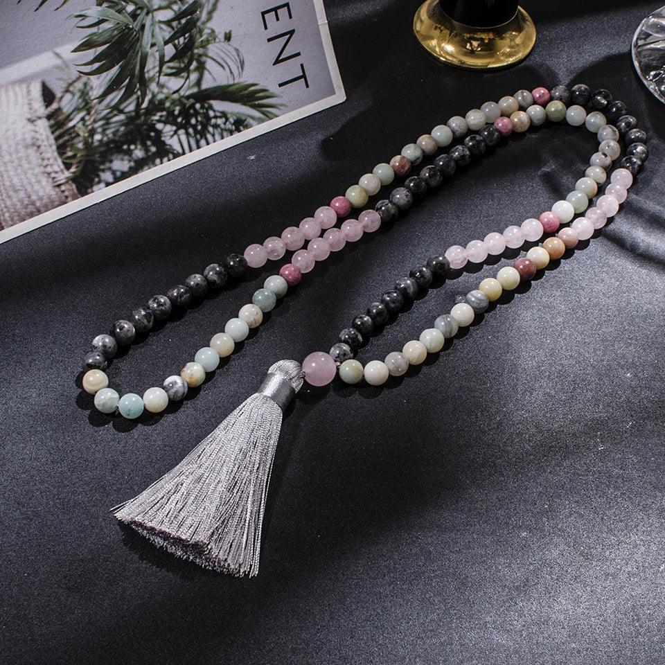🔮 Premium Tri-Gemstone 108 Mala Beads: Amazonite, Rose Quartz & Labradorite – Heart Chakra Healing Necklace & Meditation Japamala Rosary Set