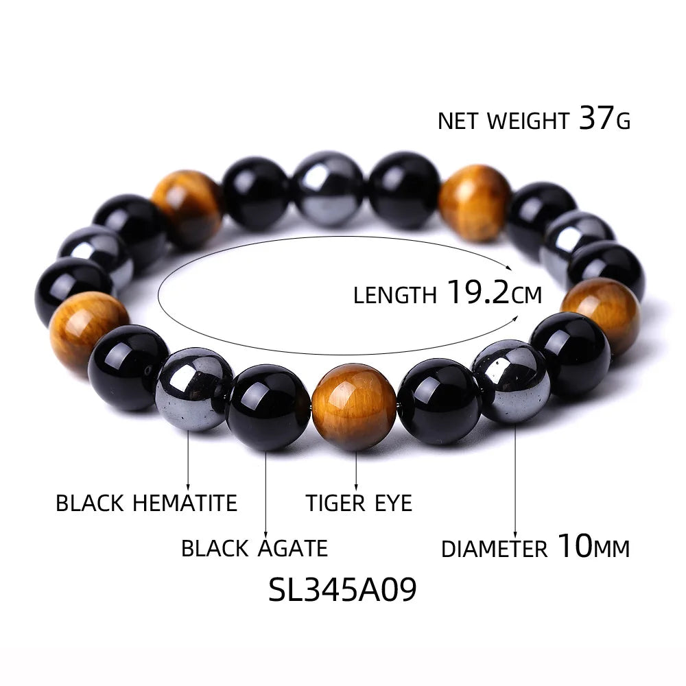 ✨ Tiger Eye Natural Stone Bead Bracelet for Men & Women – Magnetic Hematite & Black Obsidian with Reiki Energy 10mm