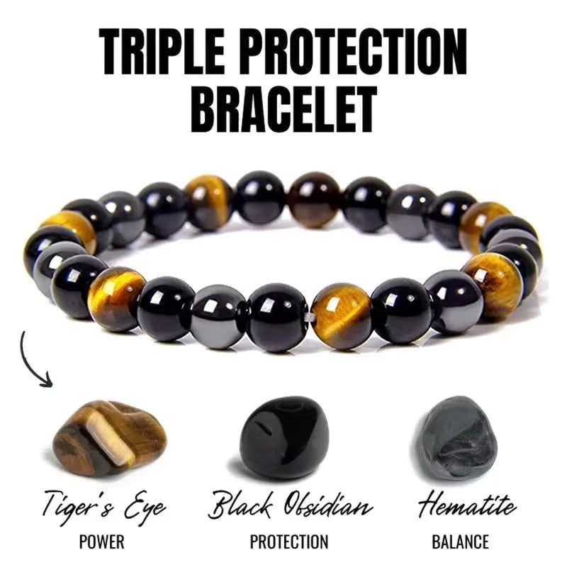 🛡️ Triple Protection "Soul Shield" Magnetic Bracelet: Natural Black Obsidian, Hematite & Tiger Eye – Health, Wealth & Negative Energy Blocker for Men & Women (Pulsera Hombre)