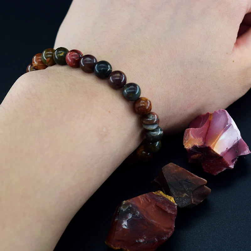 ✨ Natural Red Picasso Jasper Stone Beads Elastic Bracelet – Unisex Healing Crystal Jewelry with Round Red Pine Beads – Elegant Jade Bangle Gift