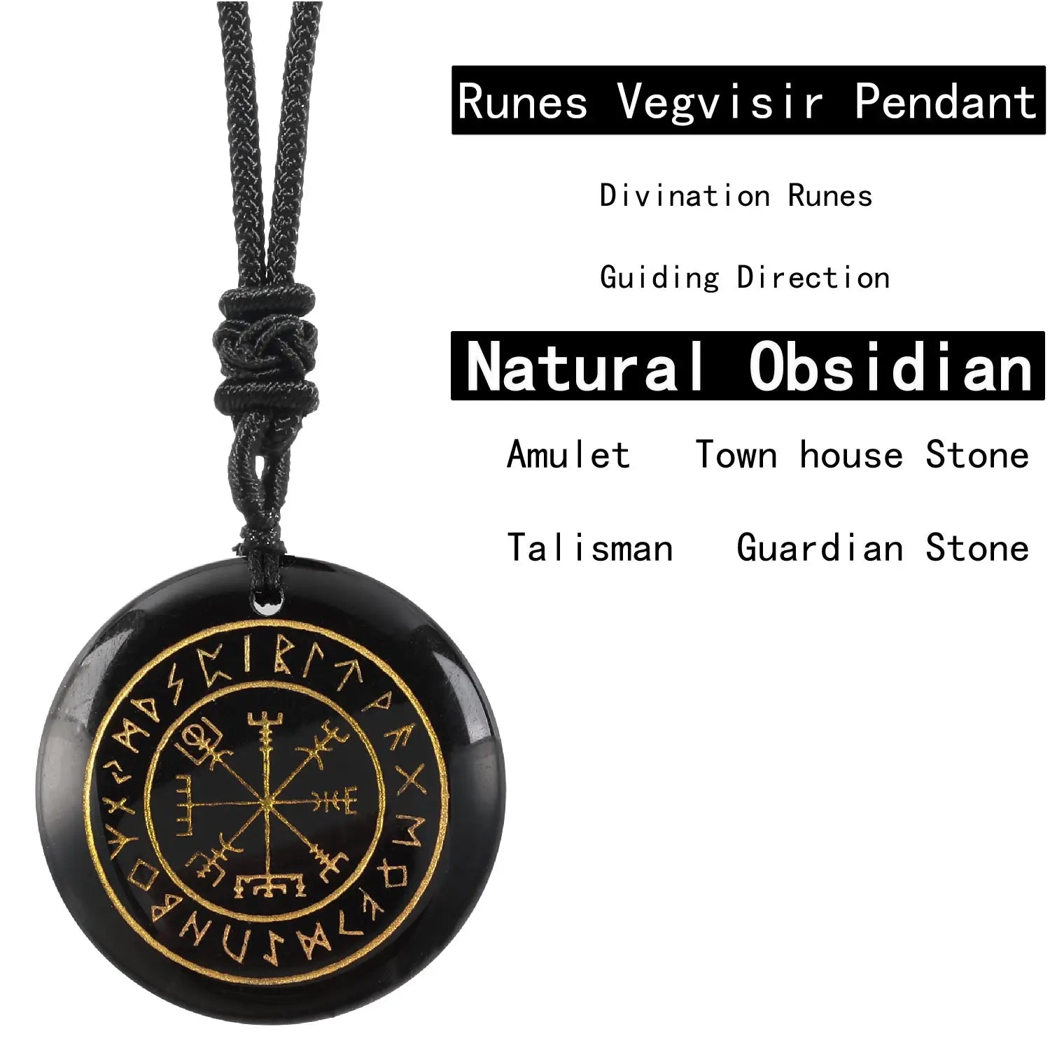🧭 Natural Crystal Viking Compass Energy Pendant Necklace – Guardian Symbol | Fashion Jewelry for Men & Women Obsidian
