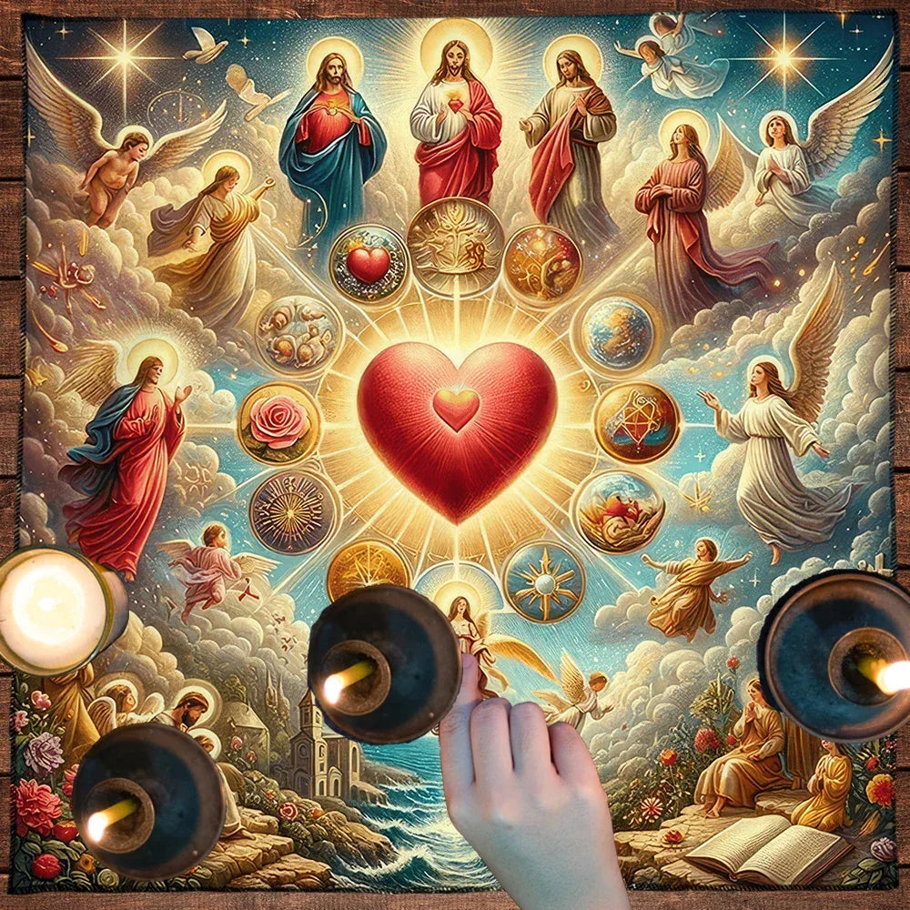 🔮 Sacred Heart & Celestial Symbols Tarot Tablecloth – Mystical Astrology Altar Cloth for Tarot Readings, Divination & Meditation