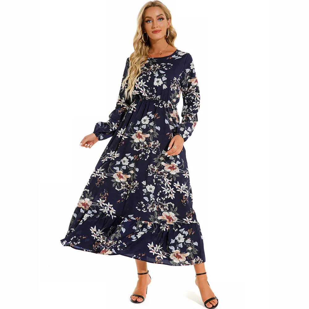 Women’s Bohemian Maxi Dress - Casual Chiffon Dress with Full Sleeves, High Waist, and Floral Print for Spring and Autumn