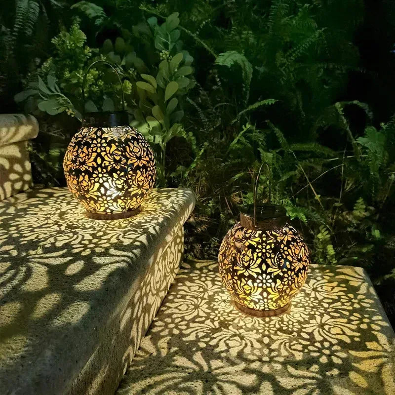 Solar LED Lantern with Hollow Wrought Iron Design – Waterproof Outdoor Hanging Projection Lamp for Garden and Yard Decor