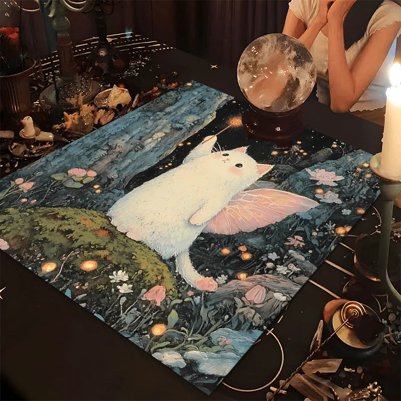 🔥 VIKAMA Magical Fairy Cat Tarot Tablecloth | Premium Mystical Altar Cloth – Machine Washable, Perfect for Tarot Divination & Meditation