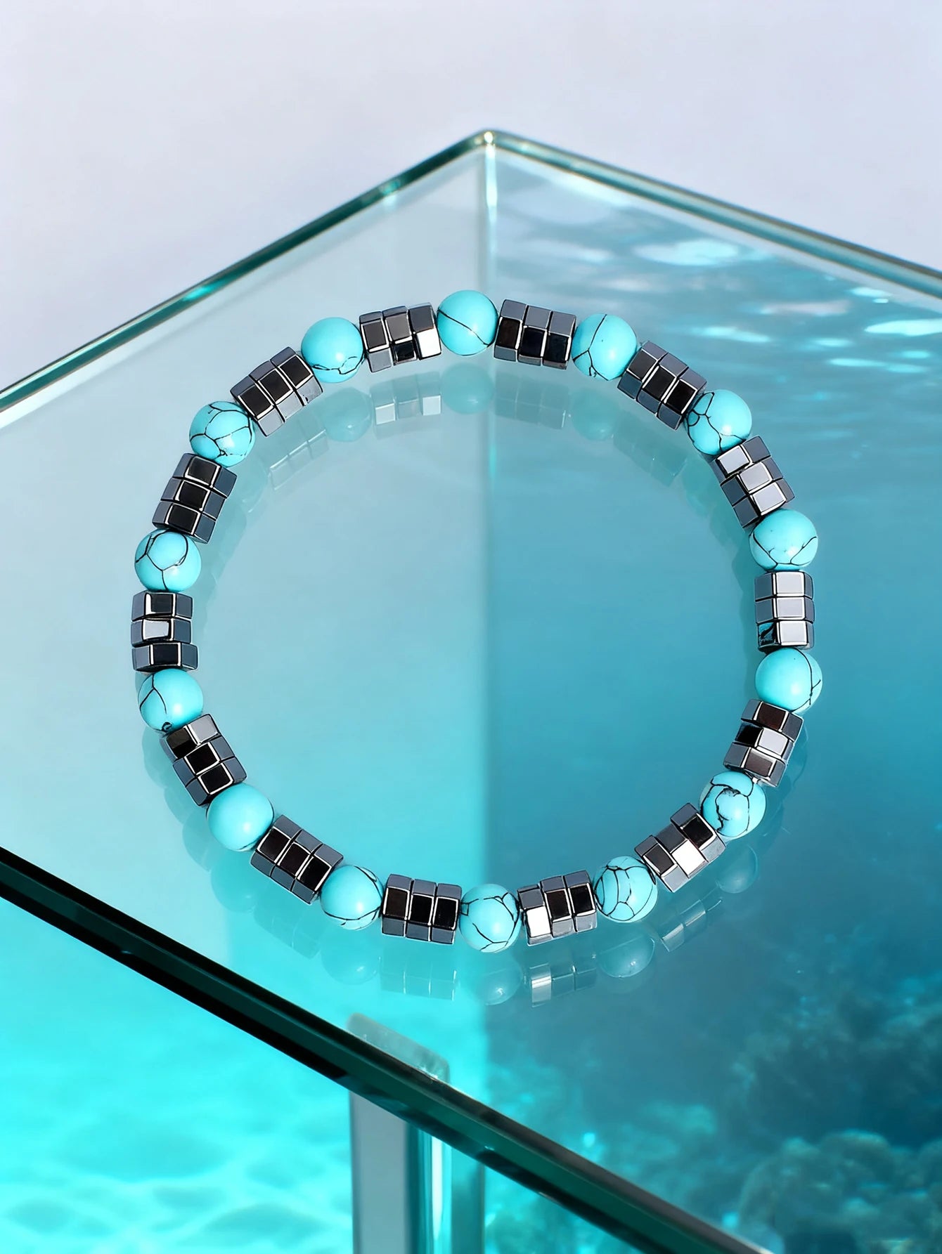 ✨ Hematite & Turquoise Bracelet – Geometric Irregular Natural Stone Beads – Strength, Confidence & Vigour Crystal Jewelry