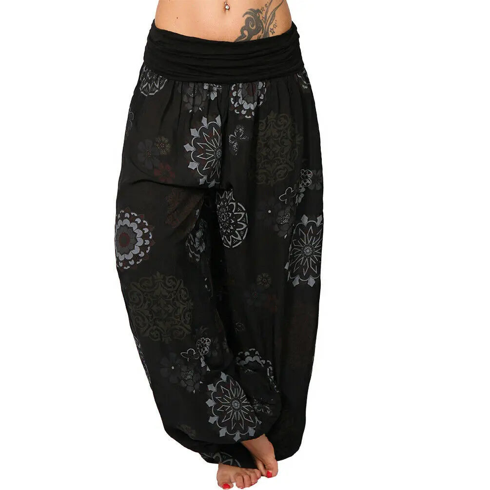 Summer Breeze Floral Harem Pants – Women's Wide Leg Boho Style with Elastic Waist black