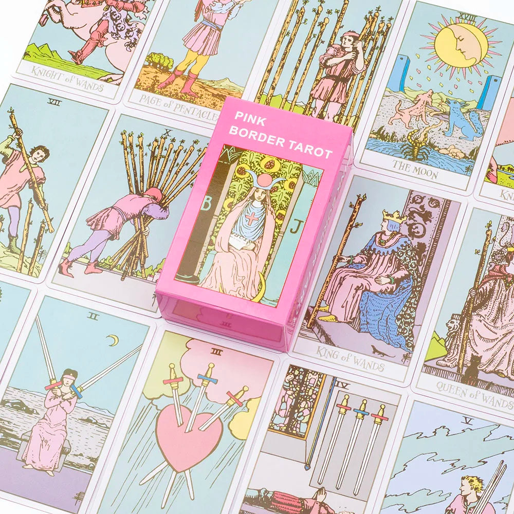🌸Pink Border Tarot Card Deck with Guidebook – 78 English Cards for Family Divination & Party Game