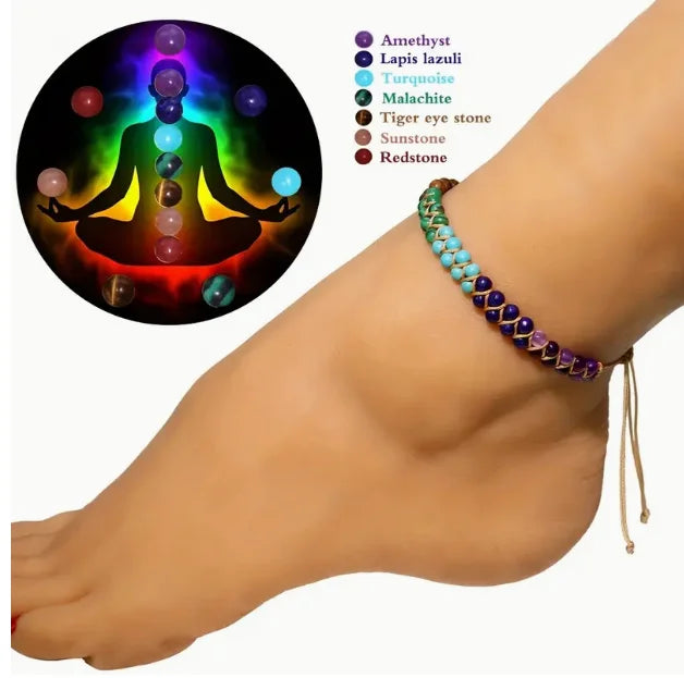 ✨ 7 Chakras Double-Layer Woven Adjustable Ankle Chain with Natural Tiger’s Eye and Colorful Beads – Boho Chic Foot Ornament for Women