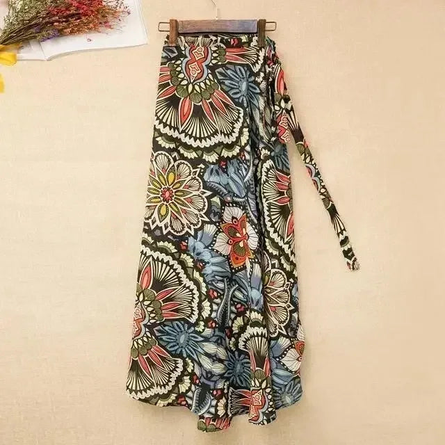 🌟 Summer Beach Floral Skirt for Women Cotton High Waist Wrap Maxi Skirt Long with Side Slit & Tie Detail Boho Style Design﻿