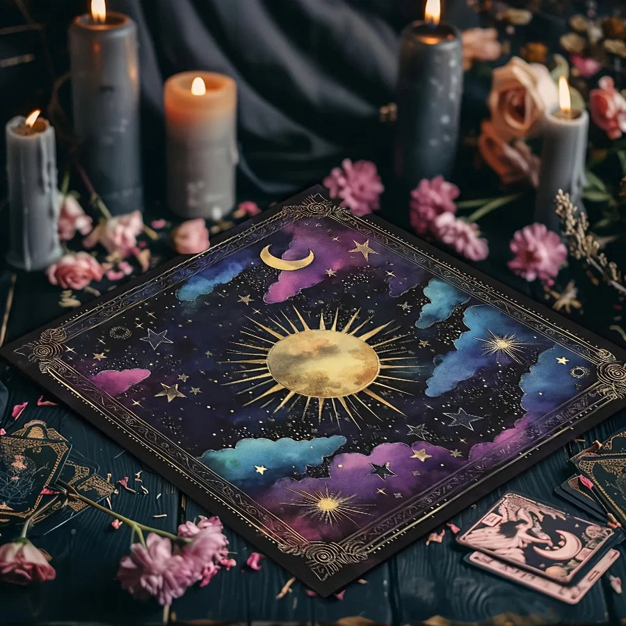 🃏 VIKAMA Astrology Crystal Tablecloth – Black & Gold Sun, Moon, Star & Cloud Altar Cloth for Meditation, Mysticism & Tarot Table Decor