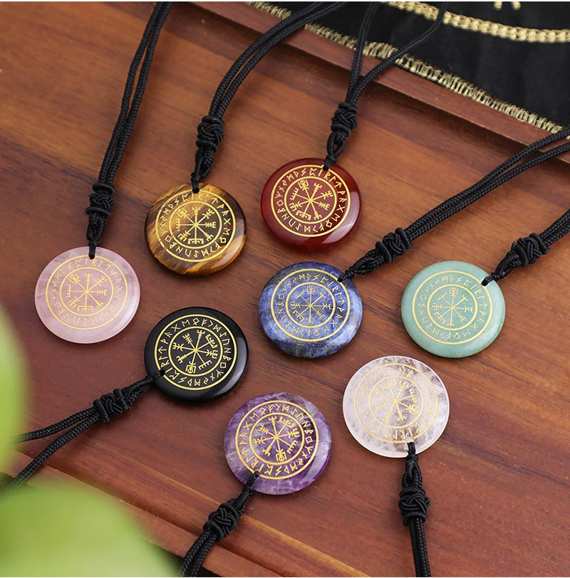 🧭 Natural Crystal Viking Compass Energy Pendant Necklace – Guardian Symbol | Fashion Jewelry for Men & Women