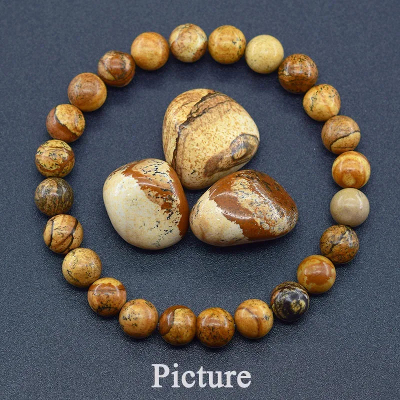 ✨ Natural Red Picasso Jasper Stone Beads Elastic Bracelet – Unisex Healing Crystal Jewelry with Round Red Pine Beads – Elegant Jade Bangle Gift 3 Picture