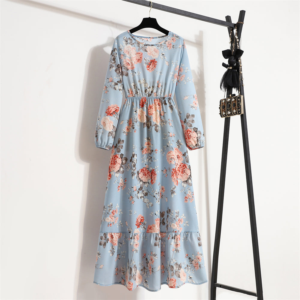 👗 Women’s Bohemian Maxi Dress – Spring Autumn Casual Chiffon Dress with Full Sleeves, High Waist, and Floral Print
