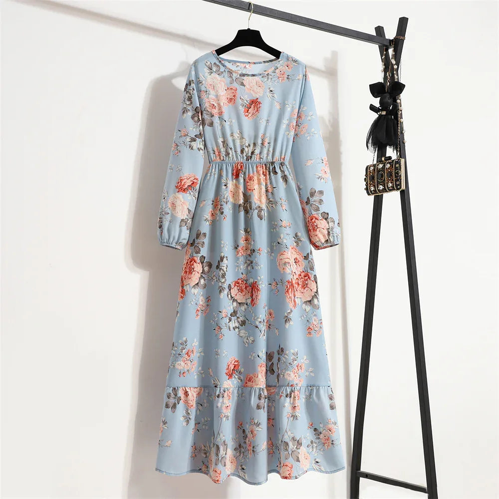 Women’s Bohemian Maxi Dress - Casual Chiffon Dress with Full Sleeves, High Waist, and Floral Print for Spring and Autumn