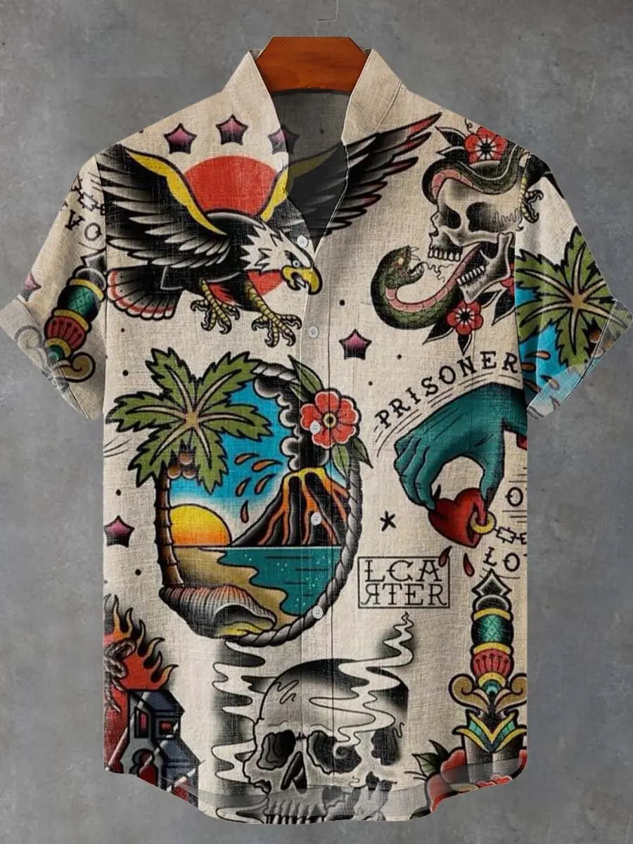 🎨 The Vintage Feline Art Edition: Premium Men’s Summer Shirt – High-Definition Floral & Cat Graphic Print, Breathable Quick-Dry Fabric, and Sophisticated Retro-Style Casual Button-Down HY472