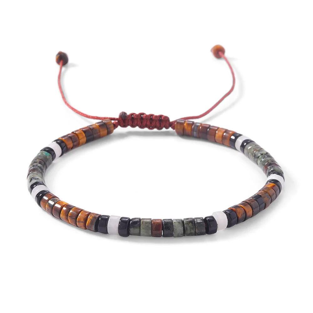 ✨ Natural Stone Beaded Woven Bracelet – Tiger’s Eye & Obsidian – Adjustable Unisex Couple Jewelry with Encouragement Blessing Card