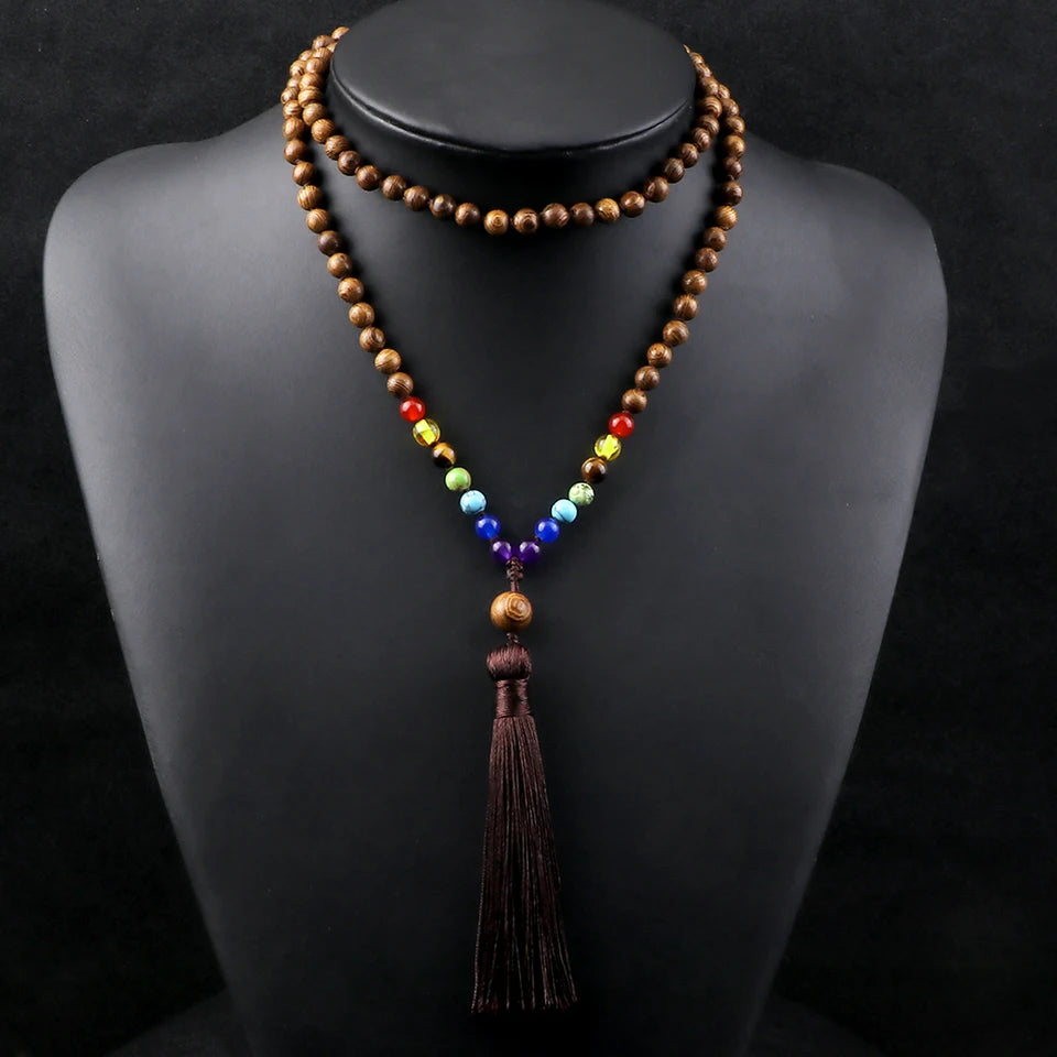 🌳 7 Chakra Wooden Japamala Necklace: Vintage Tree of Life 108 Bead Mala – Meditation, Yoga & Prayer Rosary with Healing Tassel