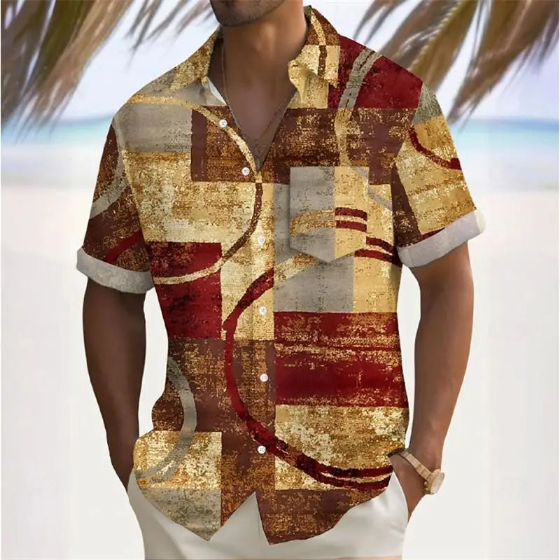 🌍 The Ethno-Block 3D Masterpiece: Premium Men’s Ethnic Color-Block Shirt – High-Definition Digital Print, Breathable Short-Sleeve Button-Down (Hemd Herren), and Sophisticated Resort Silhouette CSFQQQD345