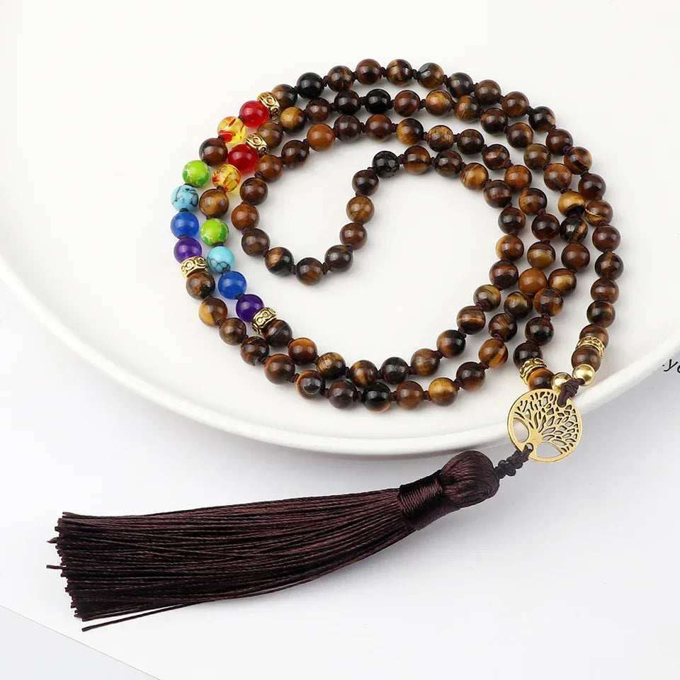 🐯 Tiger Eye & Black Onyx 108 Mala Necklace with Tree of Life Pendant – 7 Chakra Healing Crystal Beads & Protection Rosary Jewelry for Men & Women