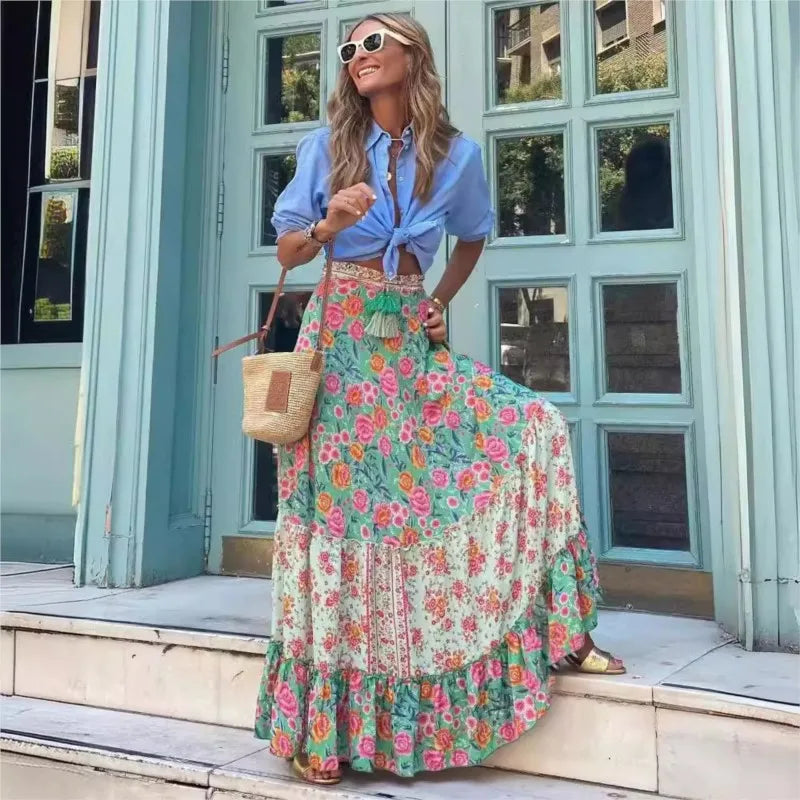 🌟 Elegant Women Green Print Elastic Waist Skirt Spring Summer Femme Patchwork Slim Skirt Streetwear Casual Ankle-Length Long Skirt﻿