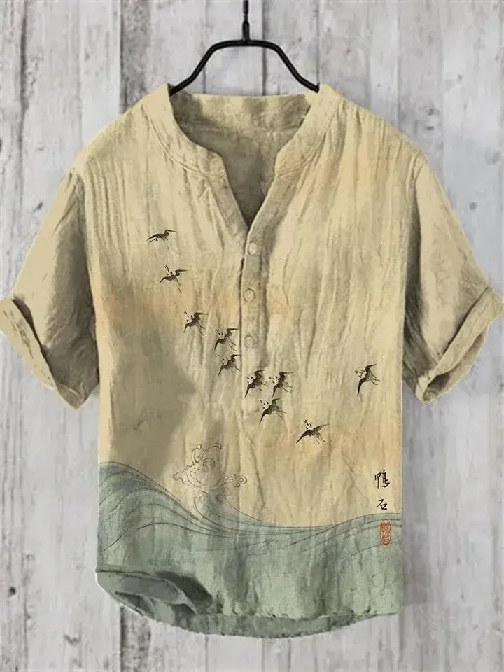 🌊 The Euro-Wave Heritage: Premium Men’s Summer Shirt – High-Definition Euro-American Wave Graphic Print, Modern Mandarin Standing Collar, and Sophisticated Urban-Resort Short-Sleeve Button-Down