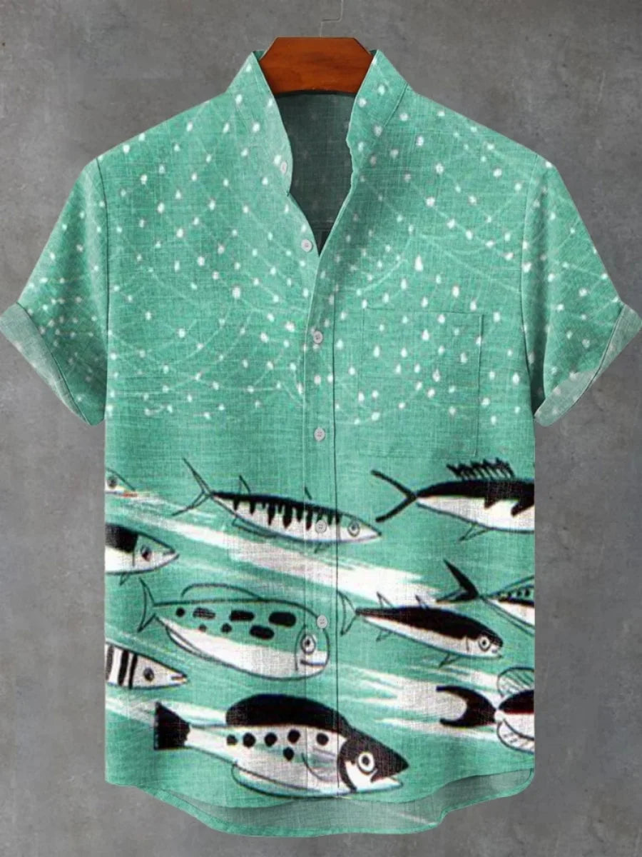 🌊 The Retro-Angler Heritage Shirt: Premium Men’s Vintage Fish-Print Casual Top – High-Definition Digital Print, Breathable Organic Cotton-Linen Blend, and Sophisticated Button-Down Short-Sleeve Silhouette SFQQQD788