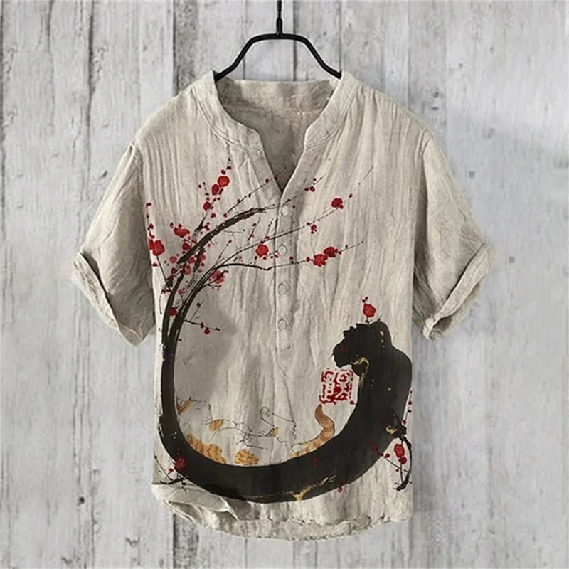 🌊 The Kanagawa Gallery Edition: Premium Men’s Summer V-Neck – High-Definition "The Great Wave off Kanagawa" Graphic Print, Breathable Linen-Blend Performance Fabric, and Sophisticated Modern-Fit Designer Tee